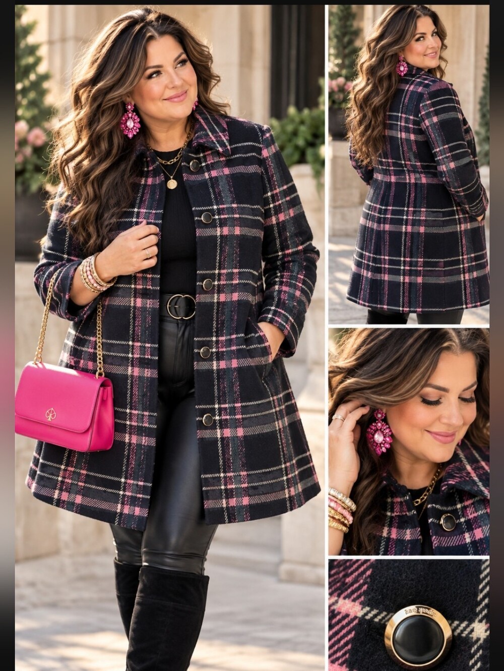Kate Spade New York Plaid Wool Blend Coat Pink Navy Women's Designer Coat - Picture 16 of 16